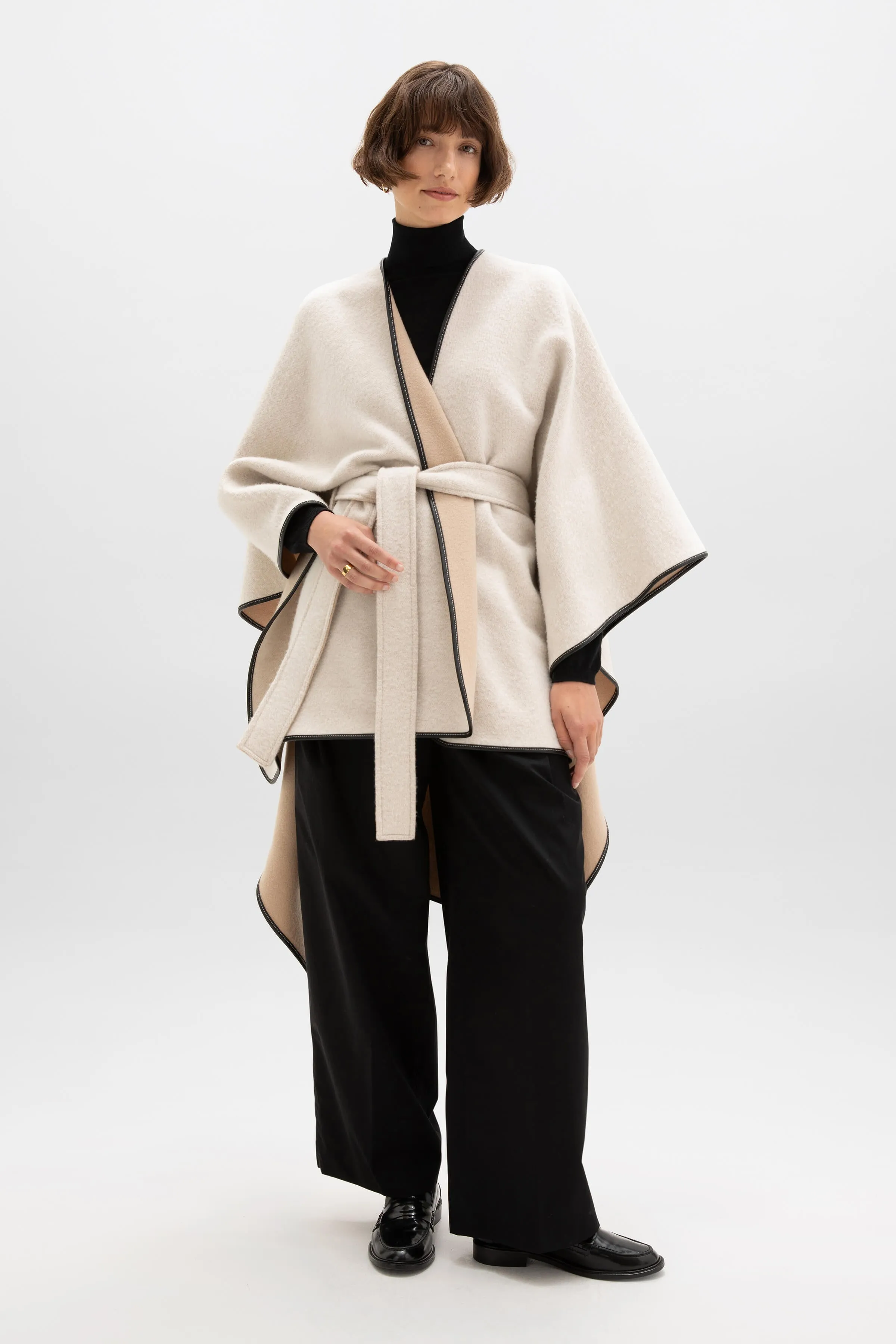 Belted Cashmere Cape with Leather Binding