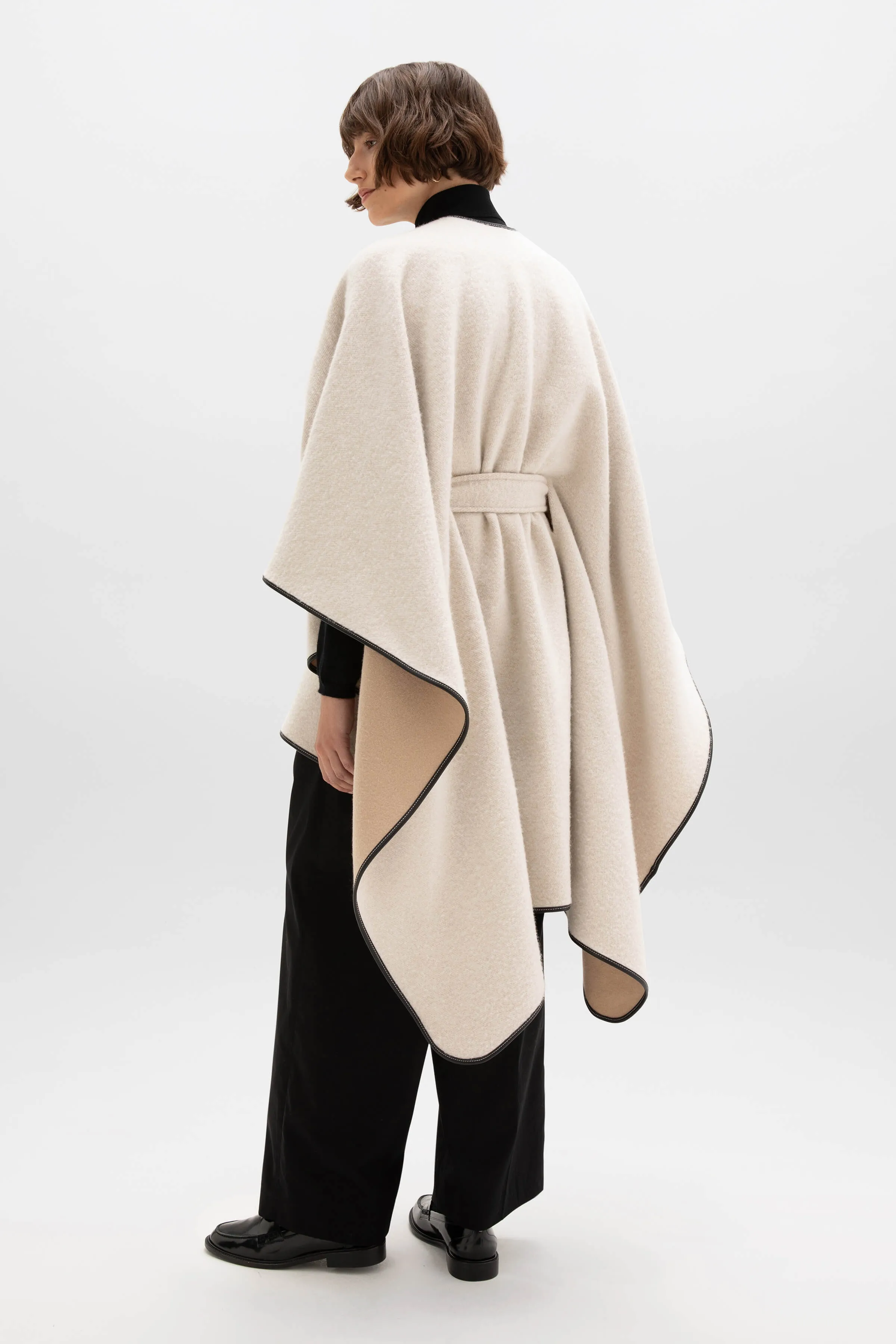 Belted Cashmere Cape with Leather Binding