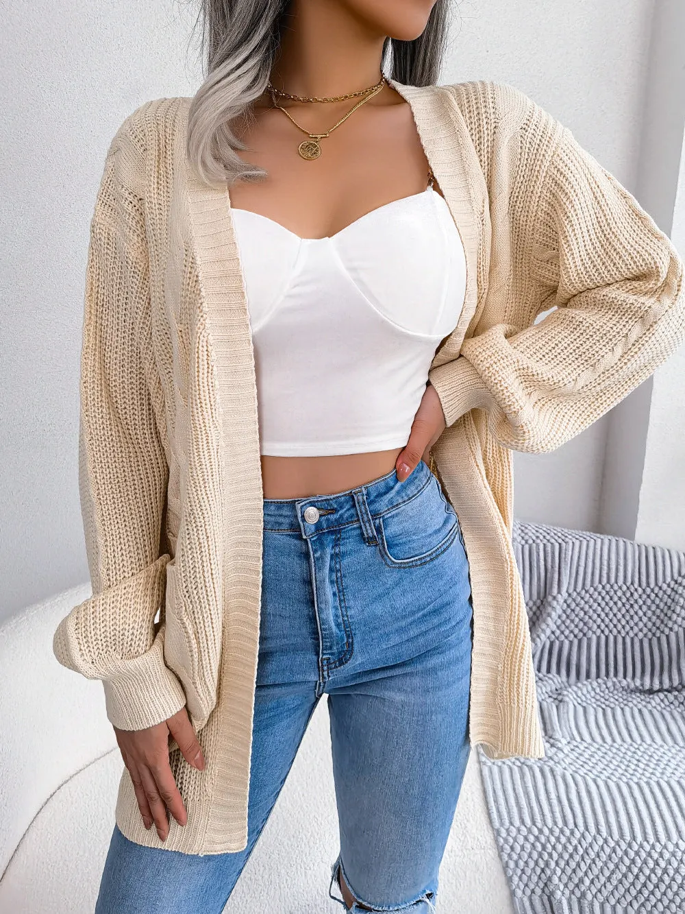 Cable-Knit Open Front Pocketed Cardigan