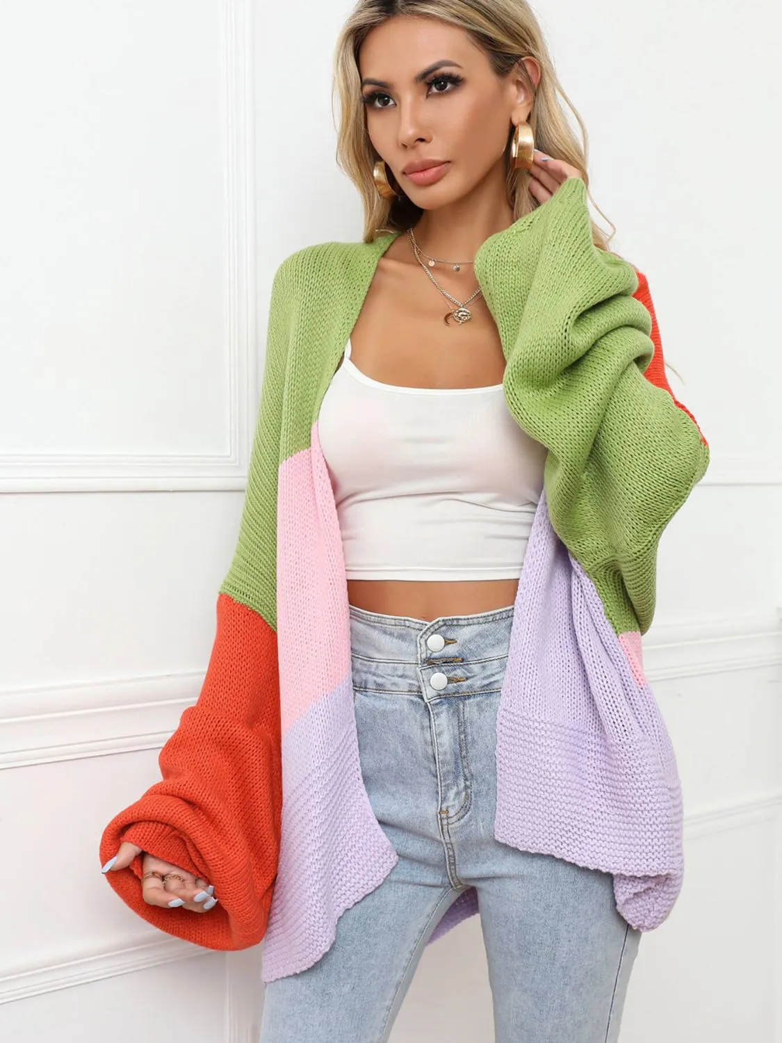 Color Block Open Front Balloon Sleeve Longline Cardigan