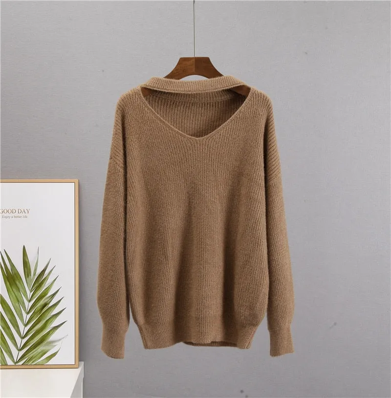 Fashionkova  Winter New V Neck Sweater Women Soft Warm Solid Knitted Female Pullovers Loose Basic Knitwear Imitation Mink Down Jumper