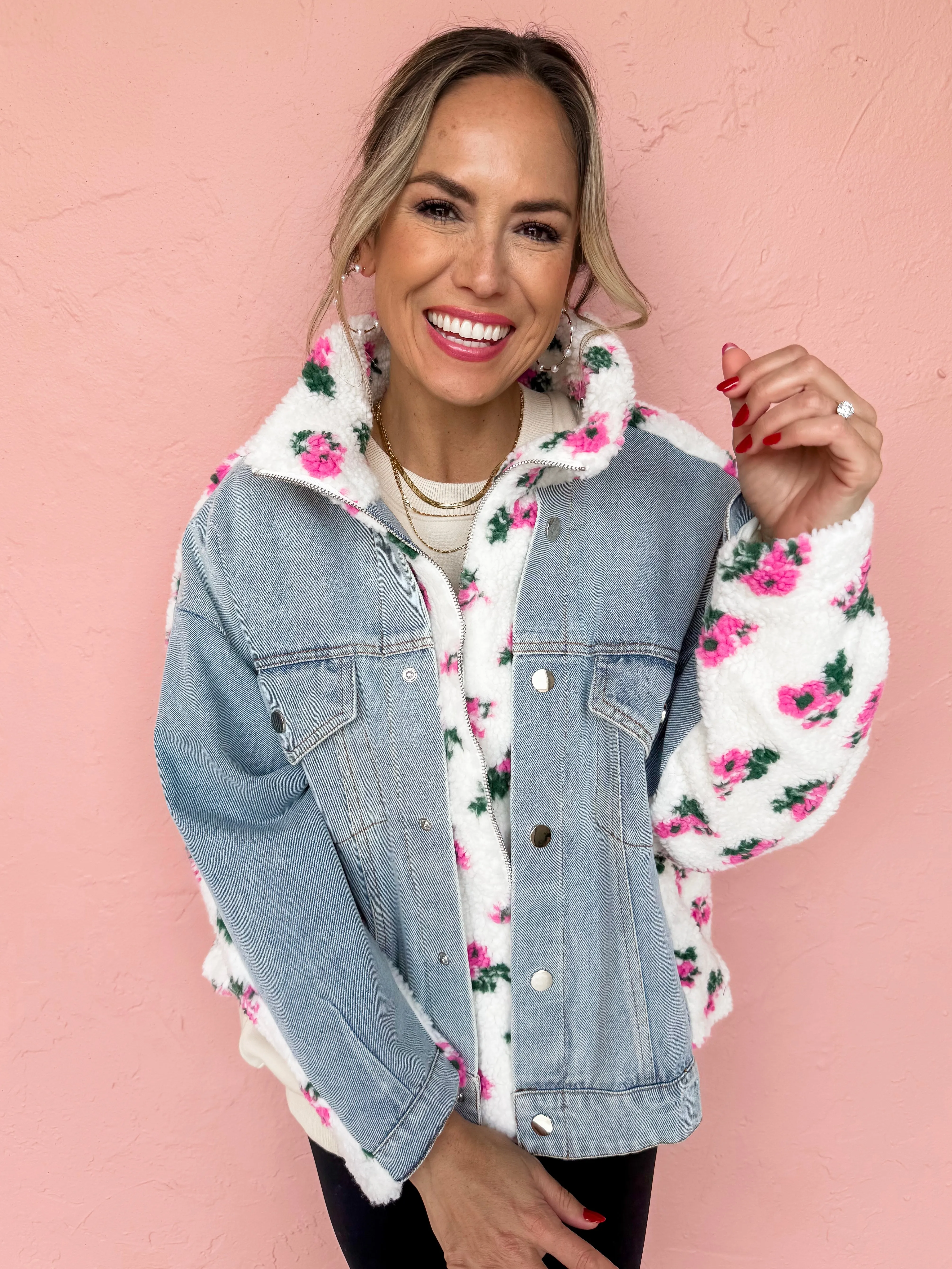 Forever Friends Floral Shearling And Denim Jacket