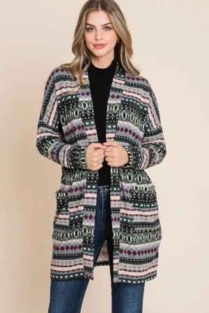 Geometric Open Front Long Sleeve Cardigan with Pockets