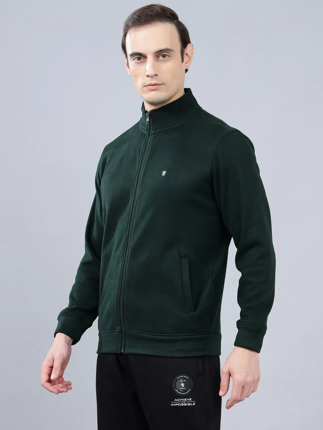 Men's Solid Olive Green Mock Collar Sweatshirt