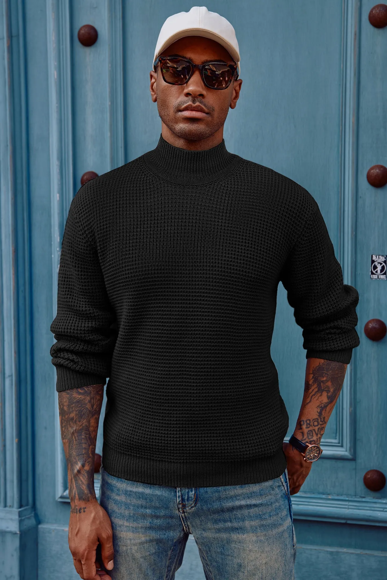 Mock Neck Sweaters Waffle Cable Knit Pullover Sweater