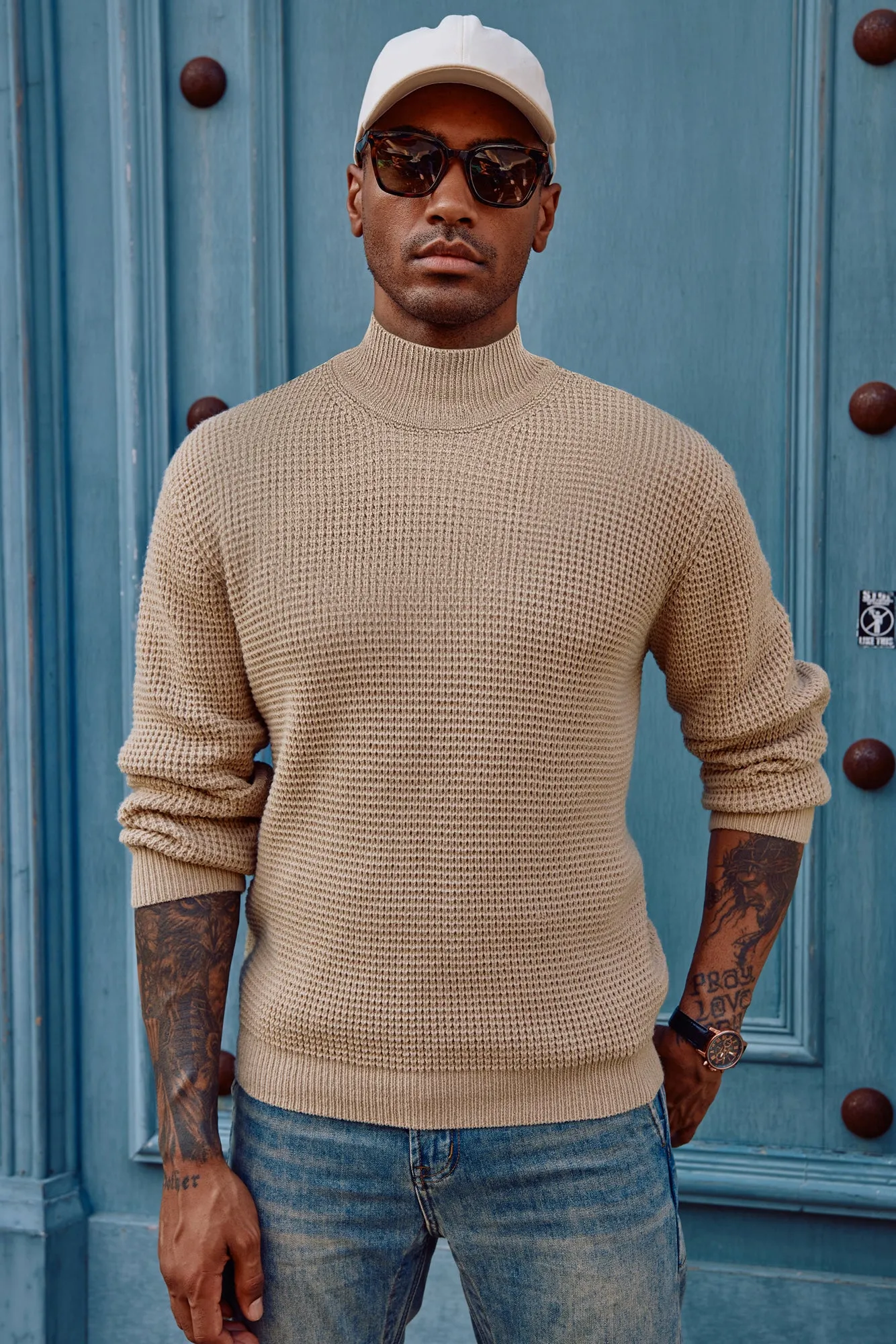 Mock Neck Sweaters Waffle Cable Knit Pullover Sweater