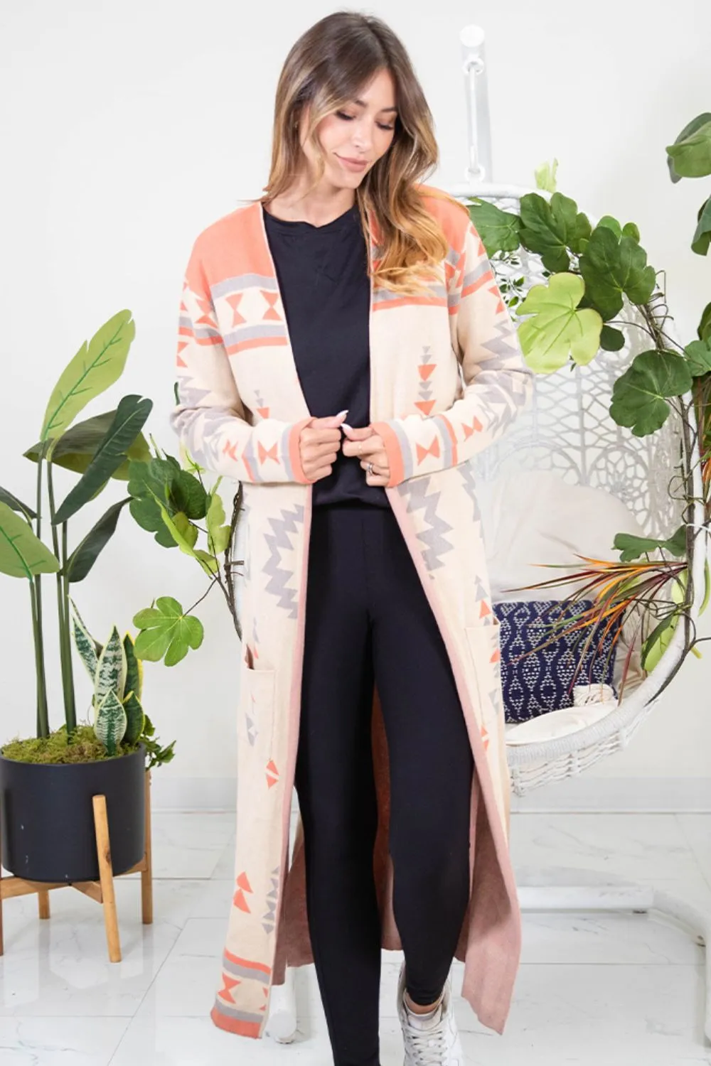 Open Front Long Sleeve Geometric Longline Cardigan