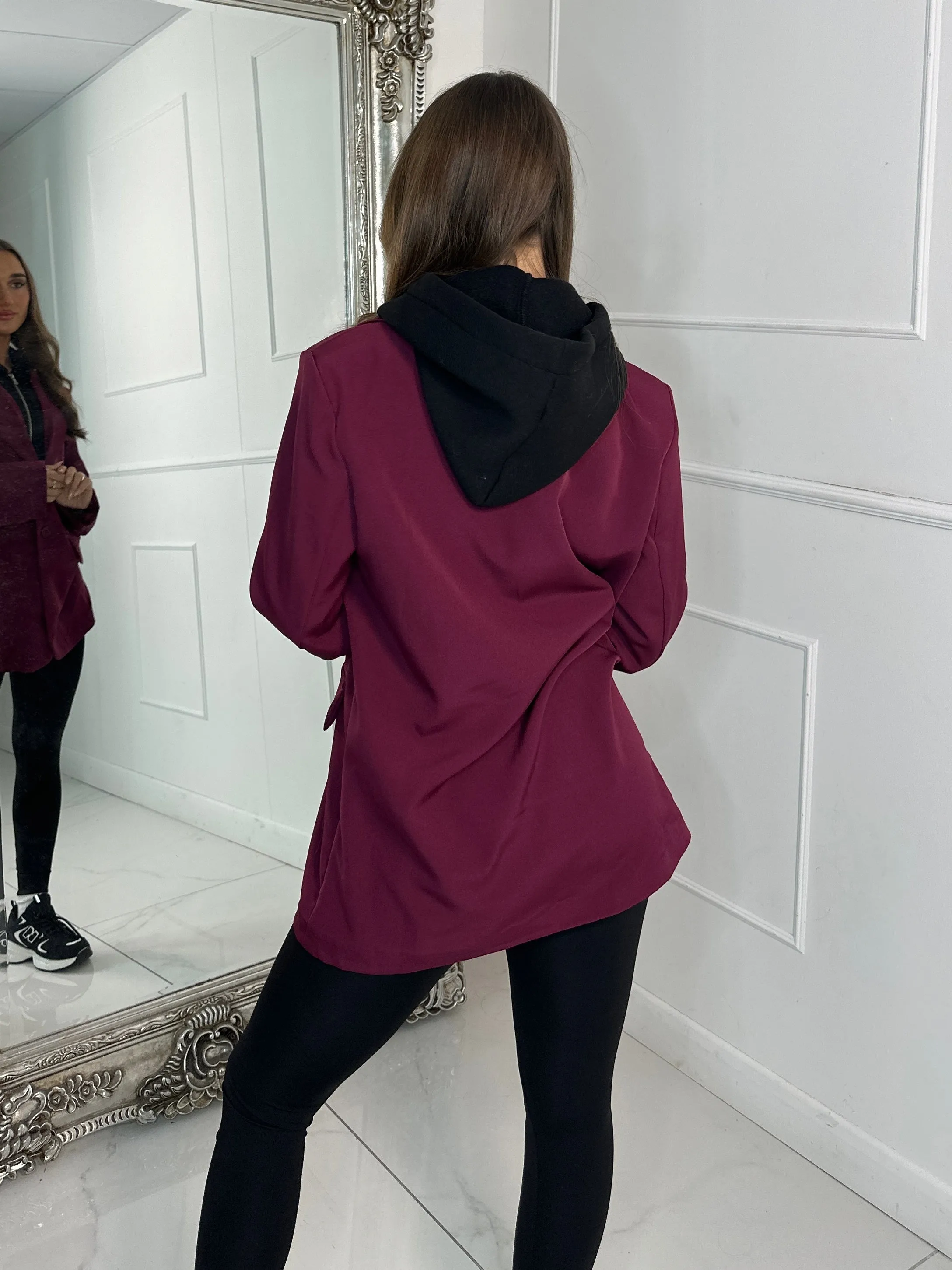 Oversized Blazer With Black Attached Hood - Wine