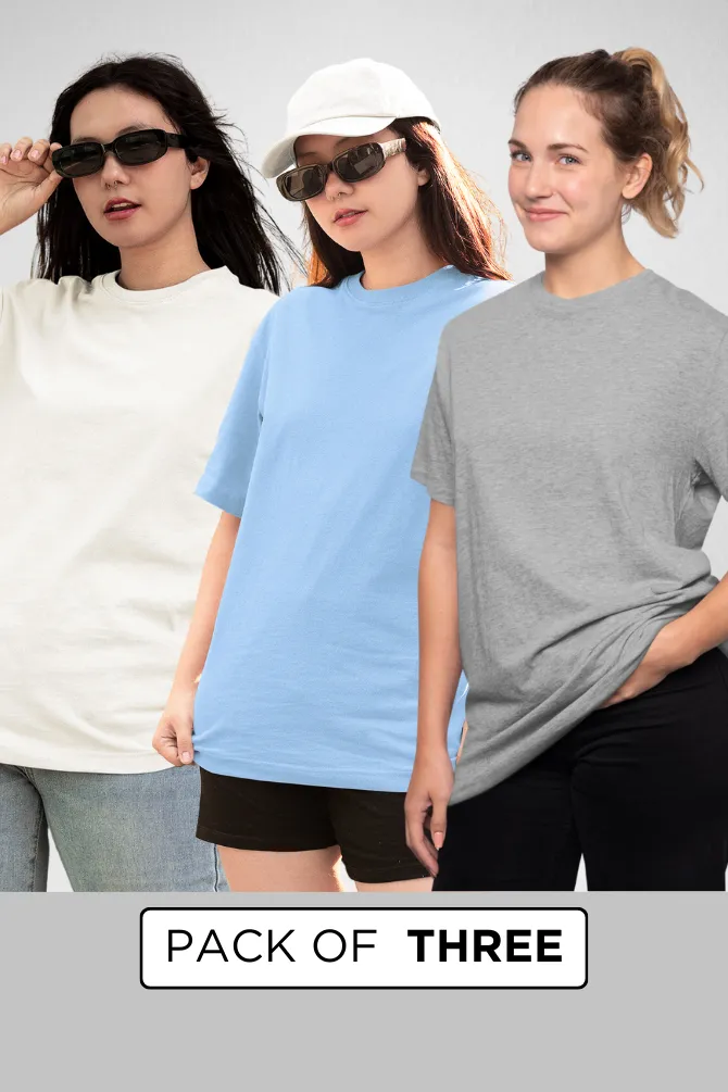 Pack Of 3 Oversized T-Shirts Grey Melange White and Baby Blue for Women