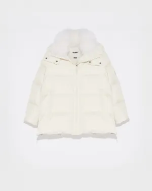 "A" line down jacket in water-repellent technical fabric with fluffy lambswool collar