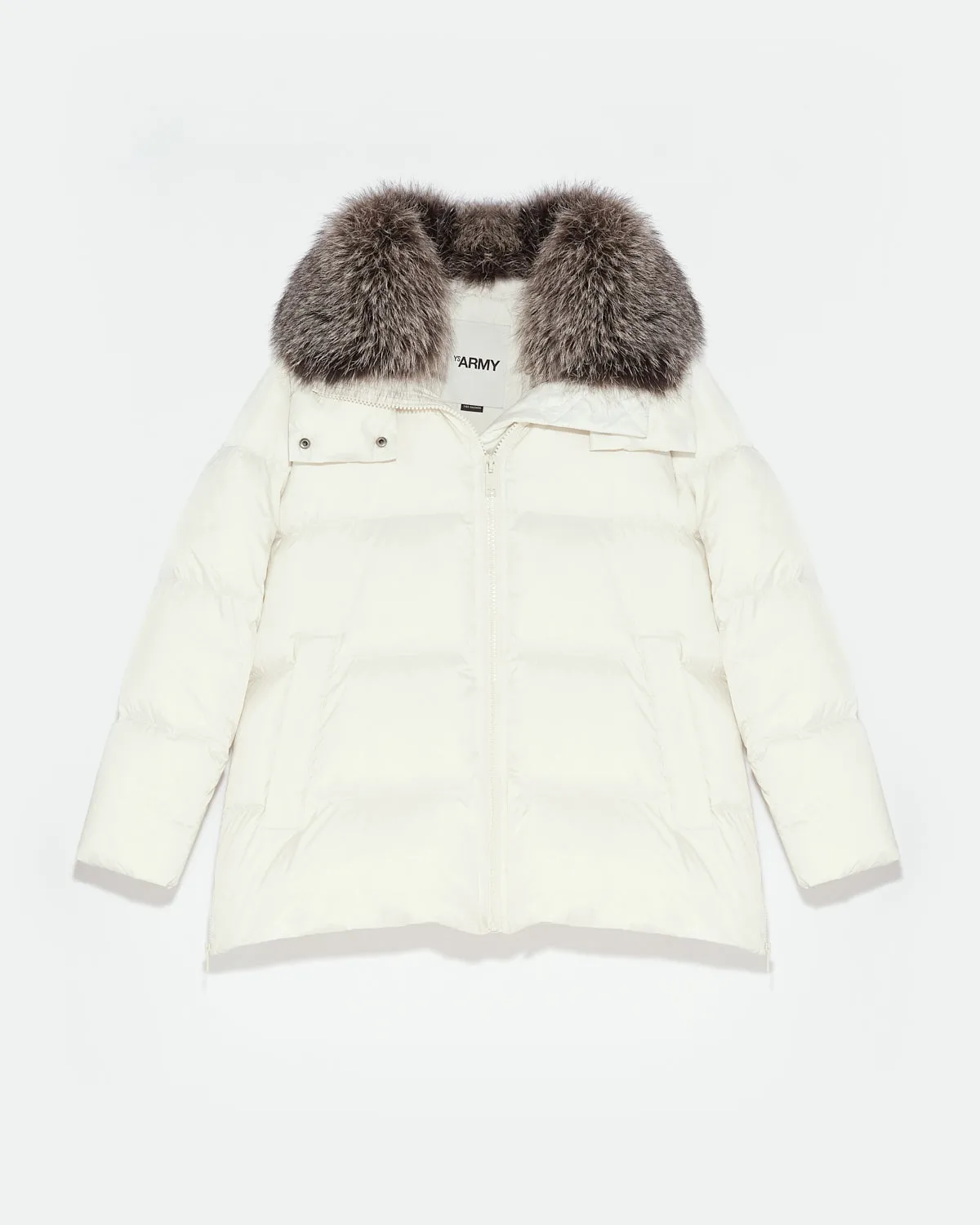 "A" line down jacket in water-repellent technical fabric with fox fur collar