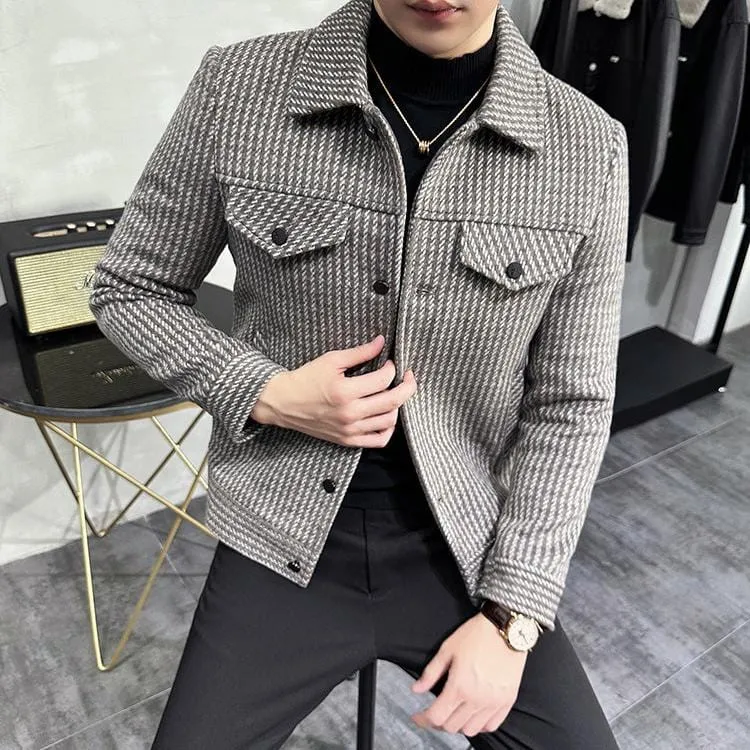 Sophisticated Striped Wool Men's Jacket - High-Quality British-Inspired Business Casual Coat