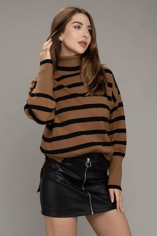 Time After Time Turtleneck Striped Knit Sweater - Brown