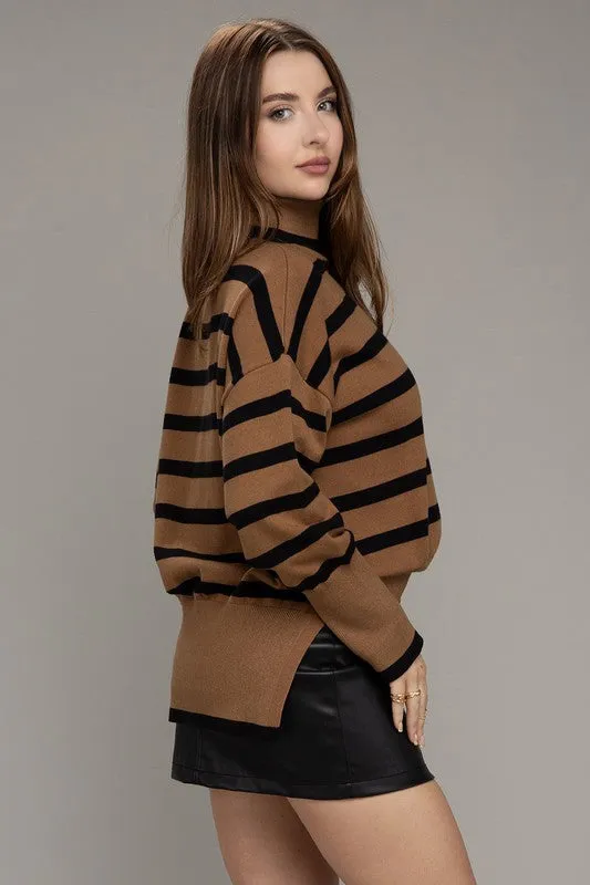 Time After Time Turtleneck Striped Knit Sweater - Brown