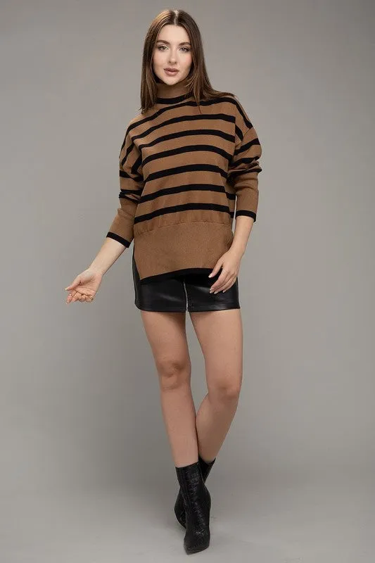 Time After Time Turtleneck Striped Knit Sweater - Brown