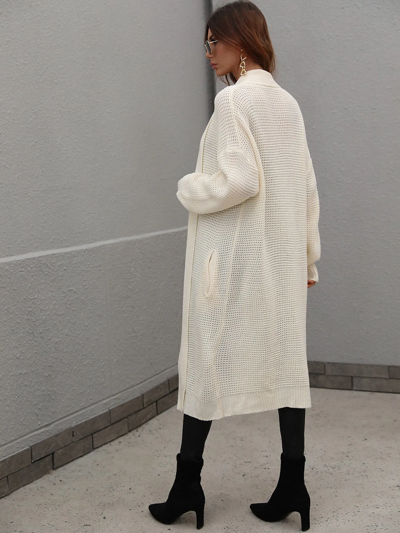 Waffle Knit Open Front Duster Cardigan With Pockets