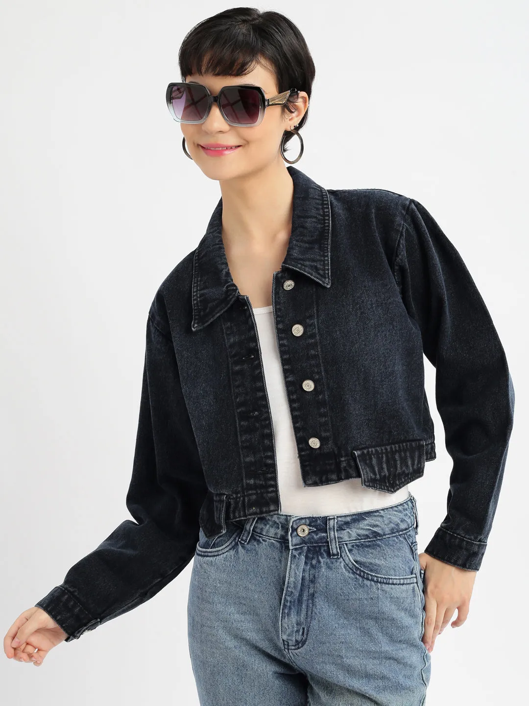 Women Navy Blue Oversized Crop Denim Jacket