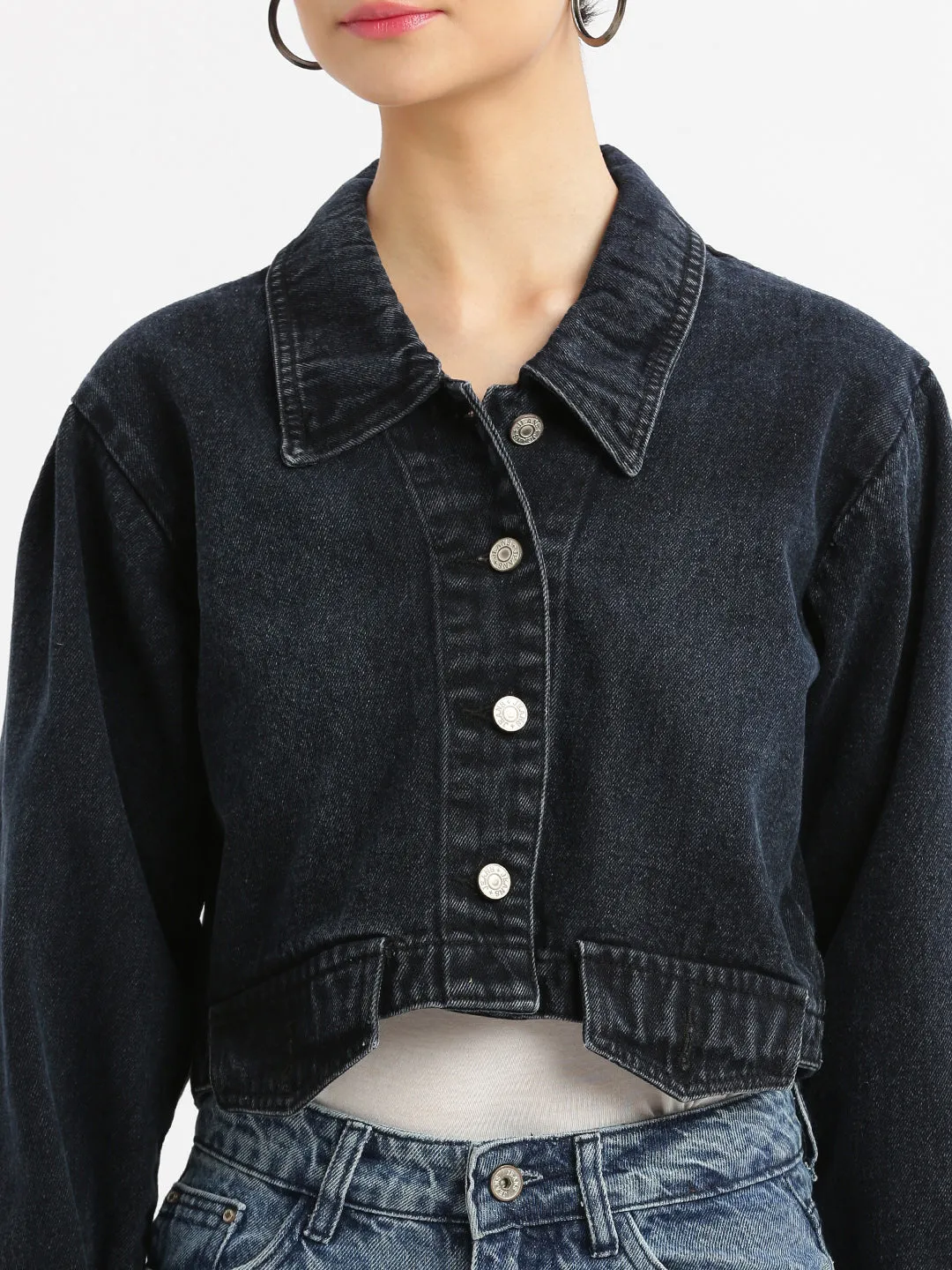 Women Navy Blue Oversized Crop Denim Jacket