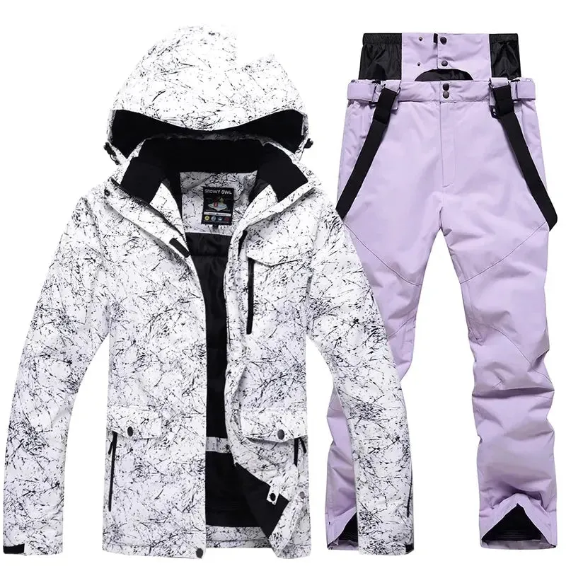 Women Snowboard Ski Jacket and Pants Set Marble Pattern