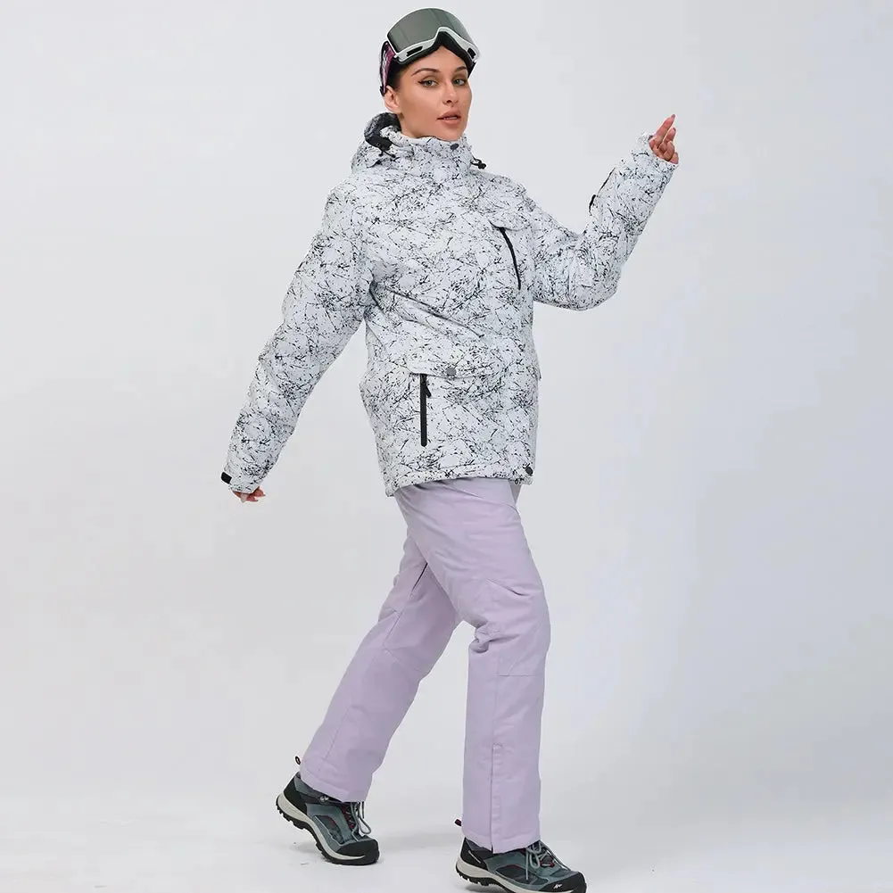 Women Snowboard Ski Jacket and Pants Set Marble Pattern