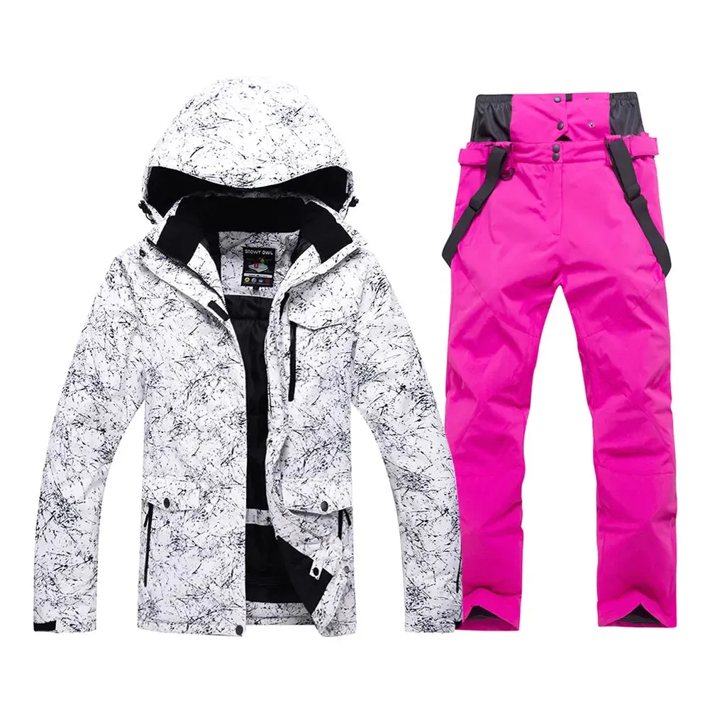 Women Snowboard Ski Jacket and Pants Set Marble Pattern