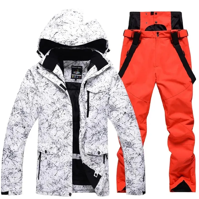 Women Snowboard Ski Jacket and Pants Set Marble Pattern