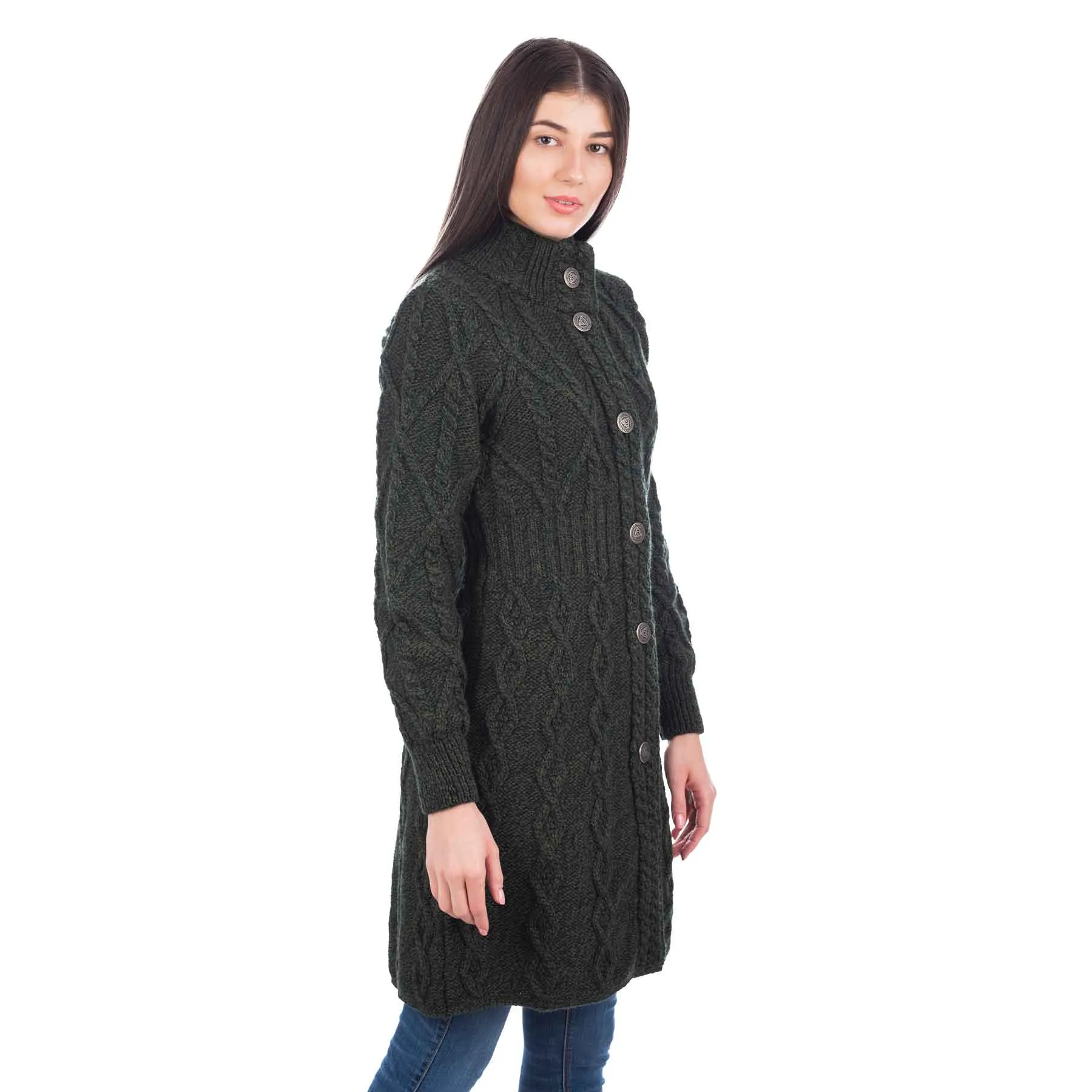 Women's Aran Cable Knit Signature Coat, Army Green