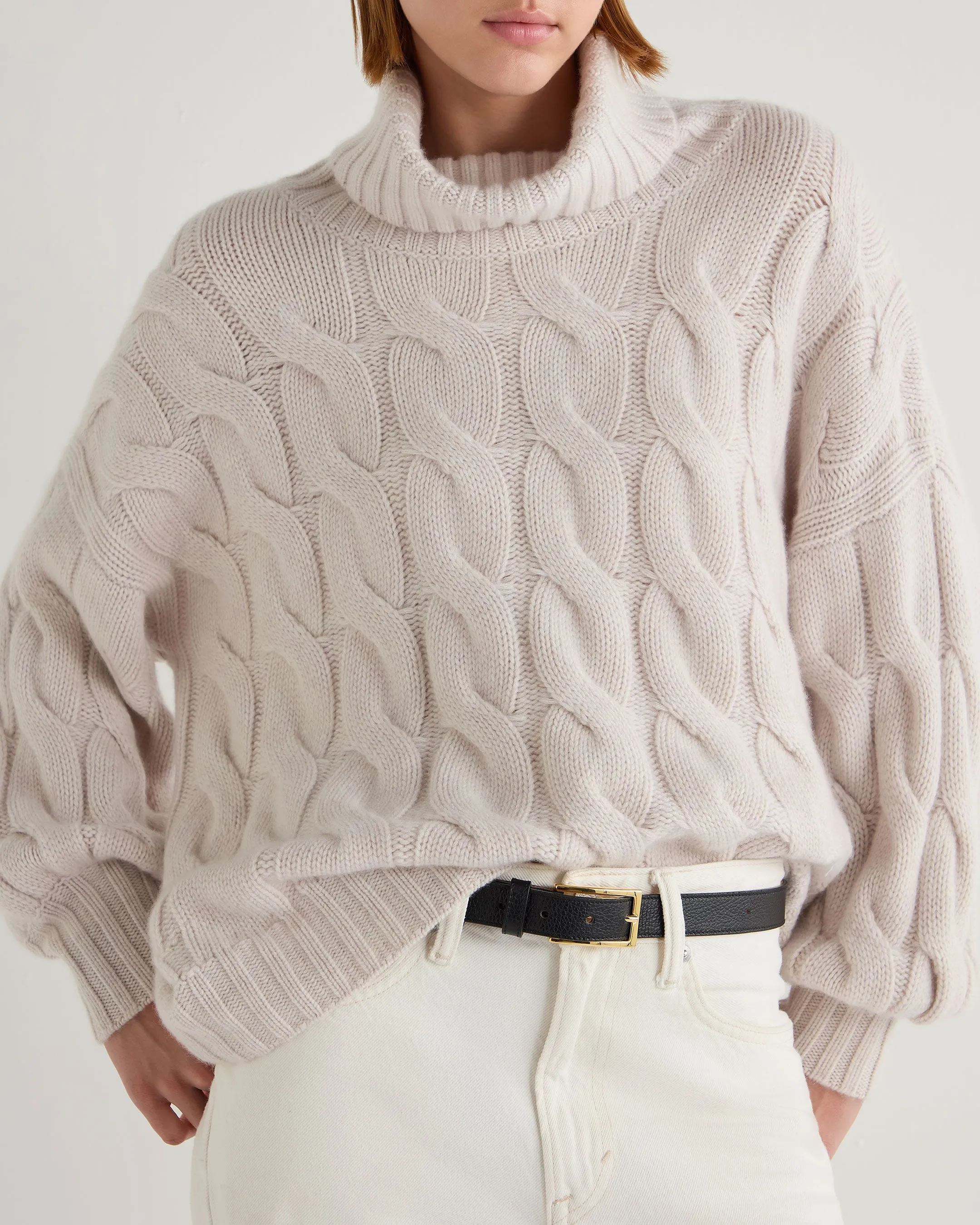 Women's Hana Chunky Cable Turtle Neck Cashmere Sweater Frost White