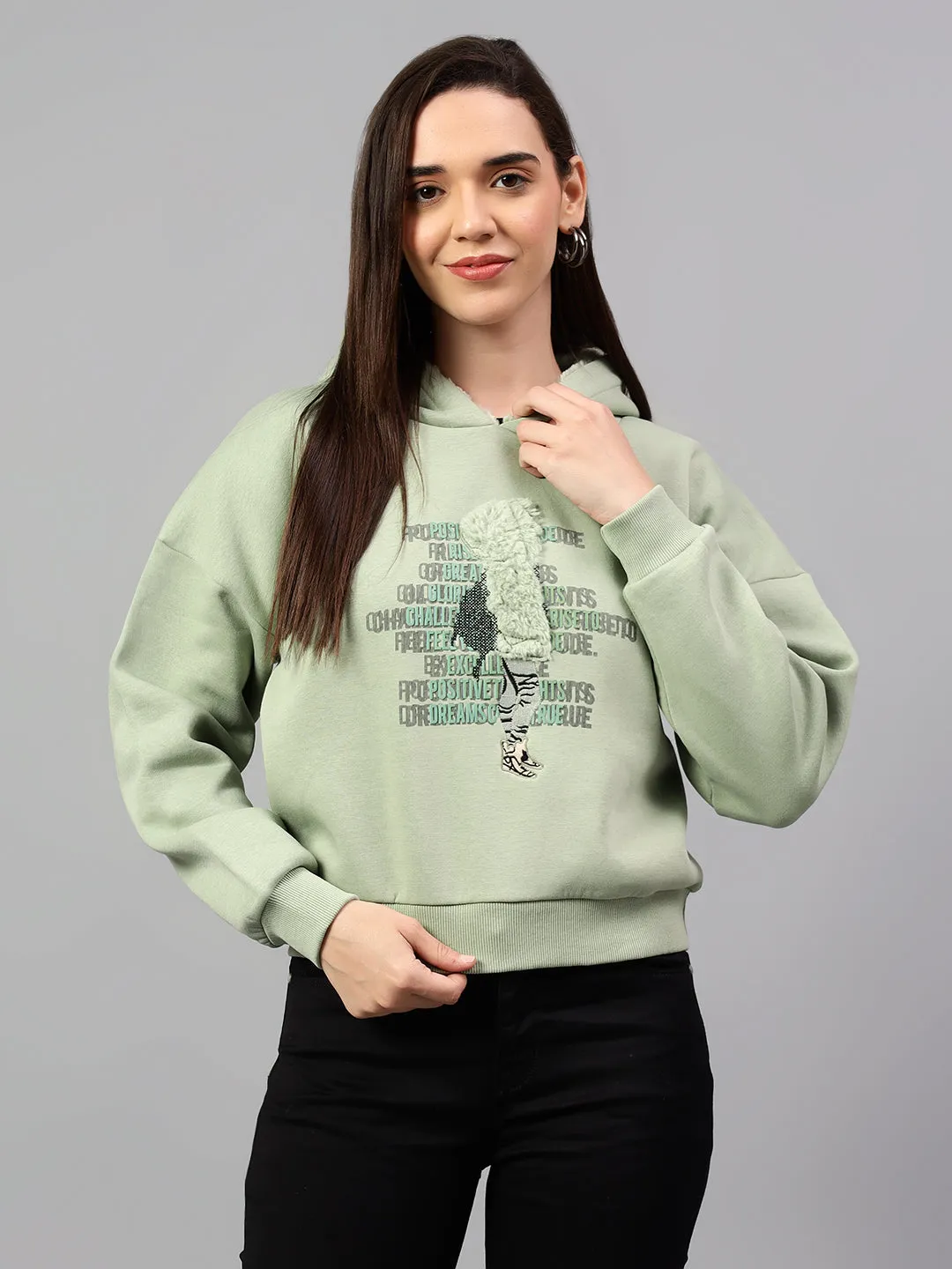 Women's Sea Green Printed Hoody Neck Crop Sweatshirt