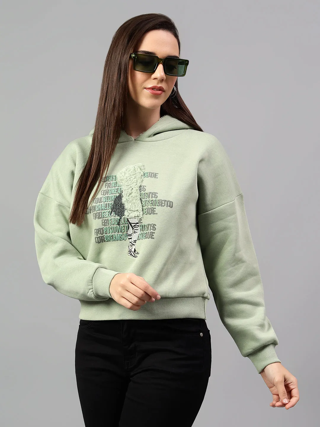 Women's Sea Green Printed Hoody Neck Crop Sweatshirt