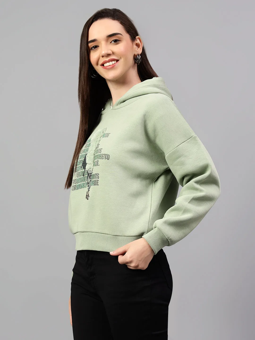 Women's Sea Green Printed Hoody Neck Crop Sweatshirt