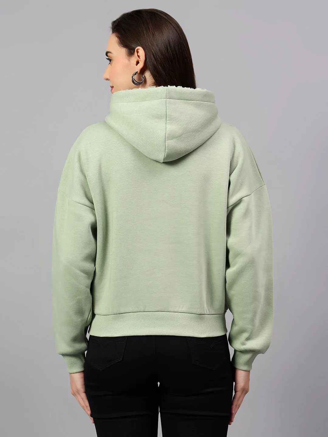 Women's Sea Green Printed Hoody Neck Crop Sweatshirt