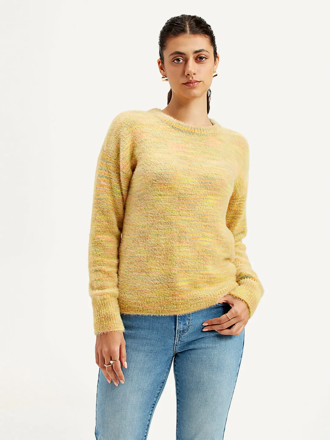 Women's Self Pattern Yellow Crew Neck Sweater