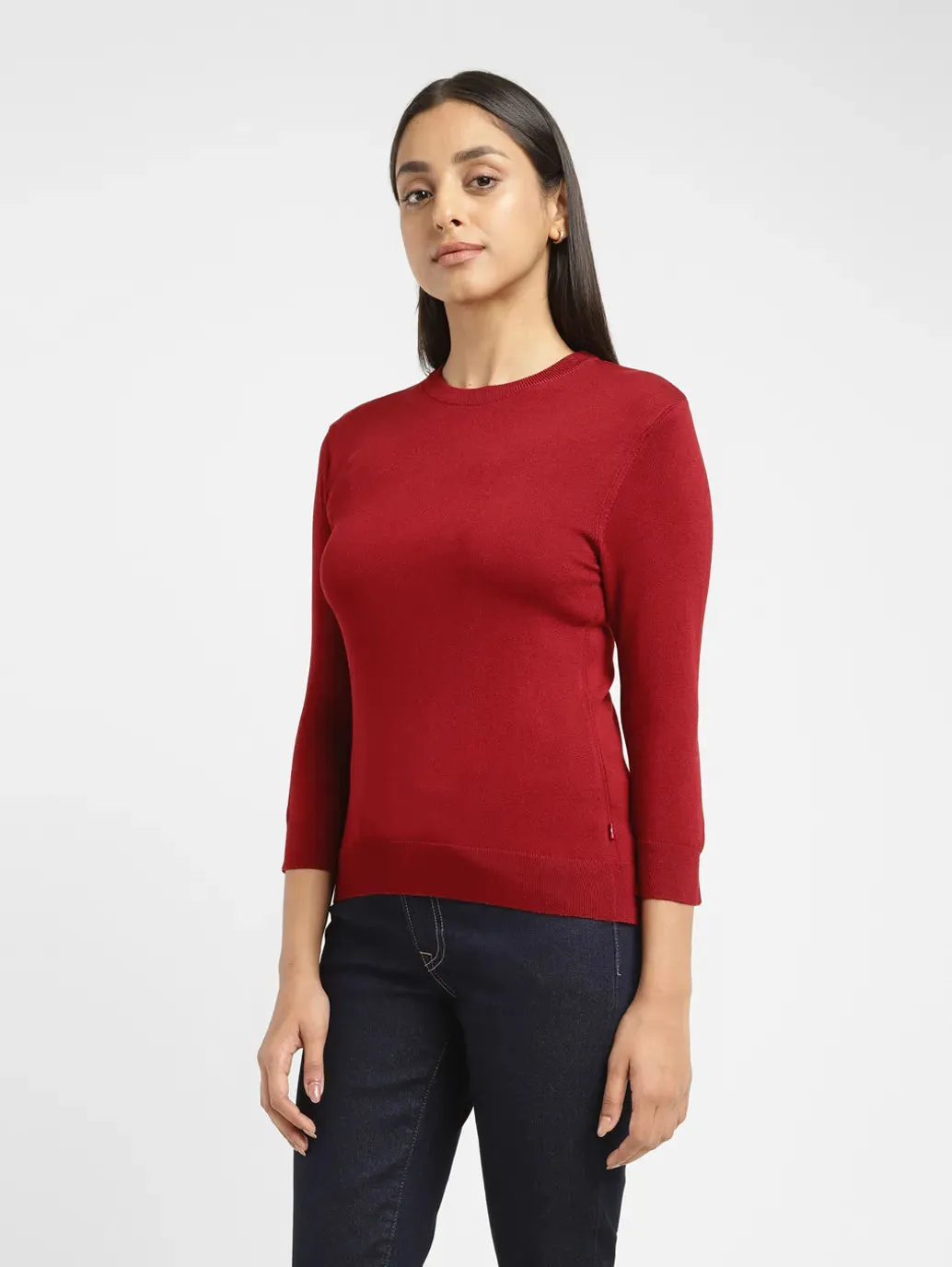 Women's Solid Red Crew Neck Sweater