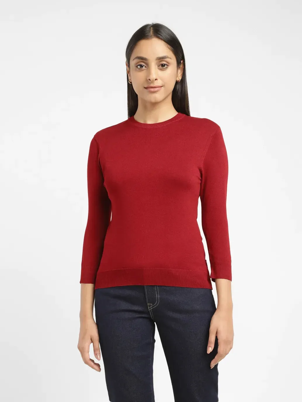 Women's Solid Red Crew Neck Sweater